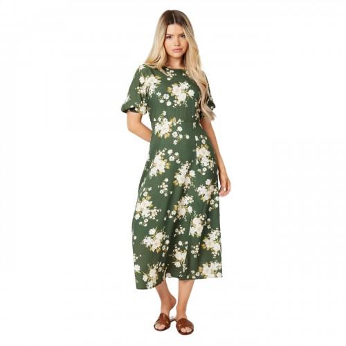 Abito midi con maniche a sbuffo floreale da donna/signora Dorothy Perkins 18 UK cachi/verde