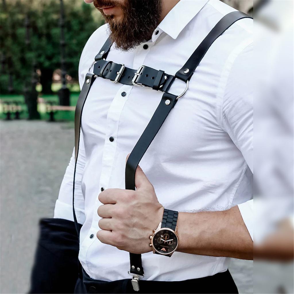 Adjustable PU Leather Suspenders Elastic Suspenders Mens Dress Suspenders for Casual Wear