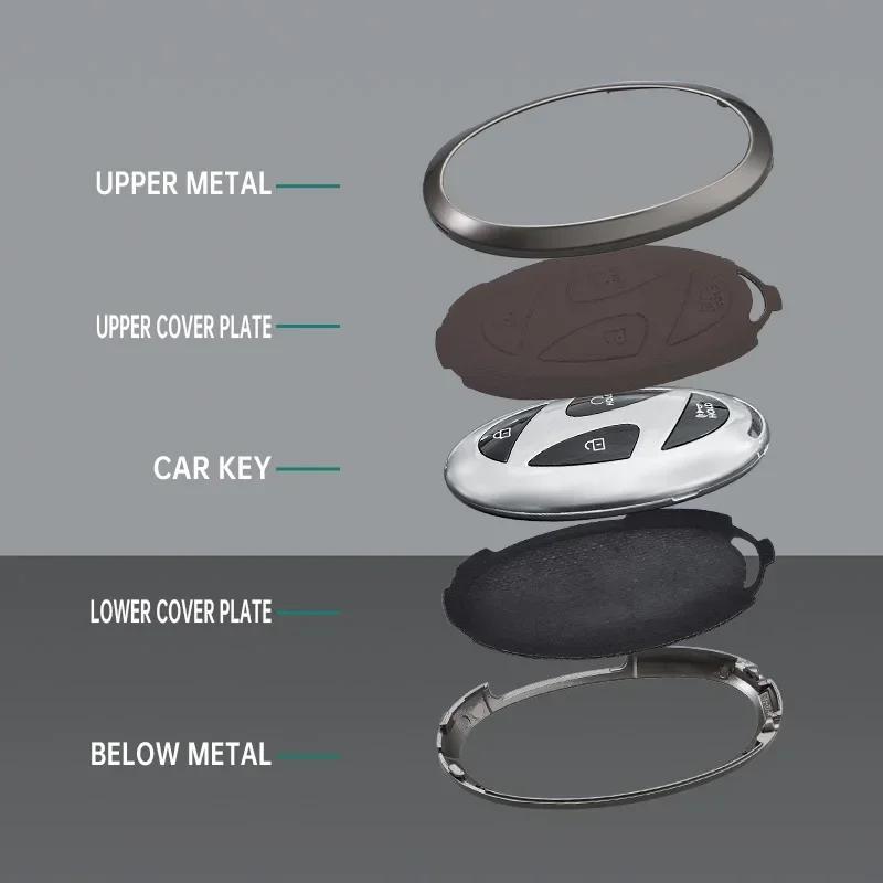 Interior Mouldings Car Zinc Leather Remote Key Case Cover Holder For Hyundai Ionic 6 Grandeur GN7 Kona Ev New Grand Prix 5/7Butt