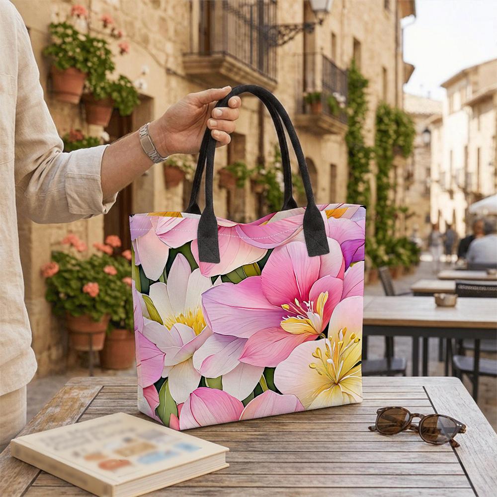 Floral Print Canvas Tote Bag Large Capacity Daily Shoulder Handbag for Shopping Travel