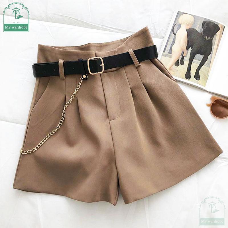 Casual Comfortable Elegant  Shorts With Belt Women's Slim Wide Leg A-line Shorts