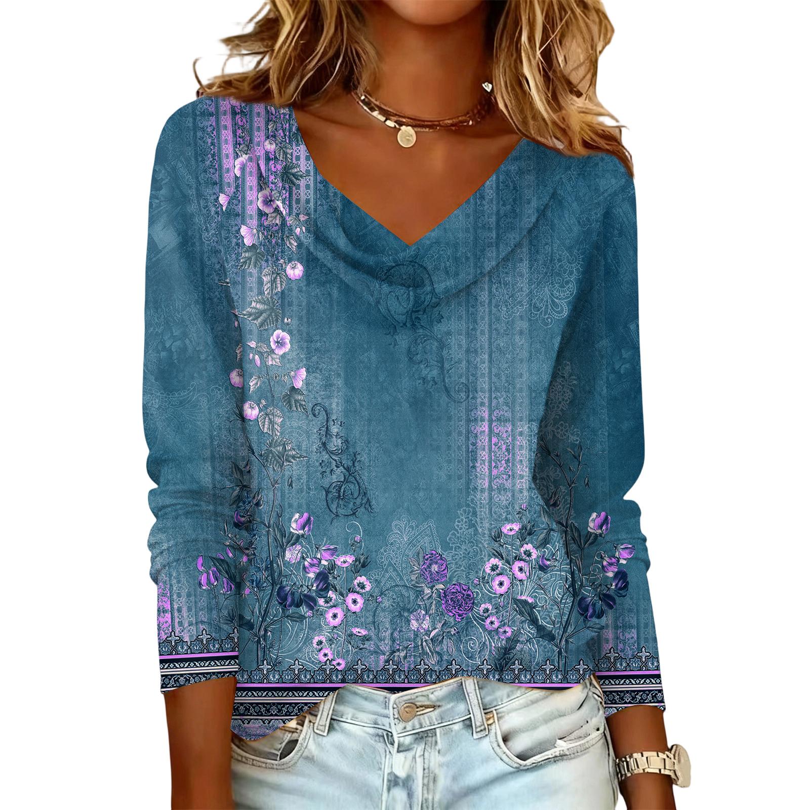 Ladies  Floral Printed Casual And Fashionable Long Sleeved Pullover Top L синий