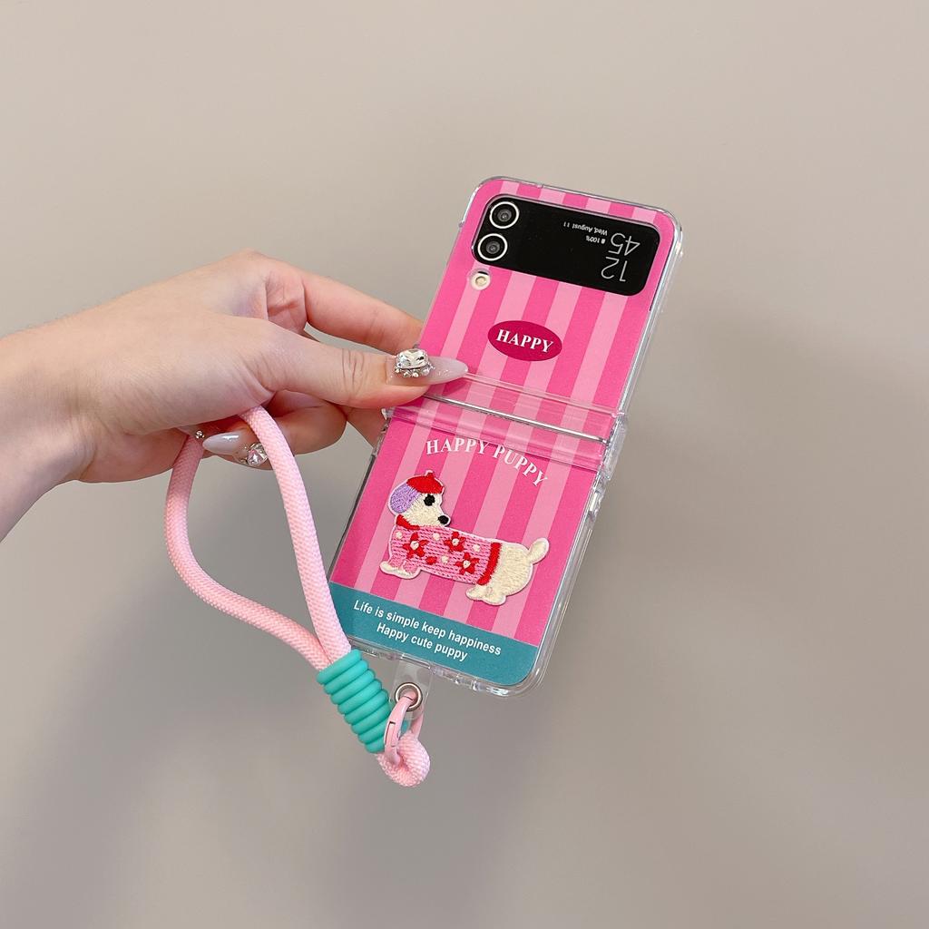 Nové skládací pouzdro na telefon s vyšívaným kresleným motivem jezevčíka pro Galaxy Z Flip 3 4 5 6 roztomilé pouzdro na telefon pro dívky