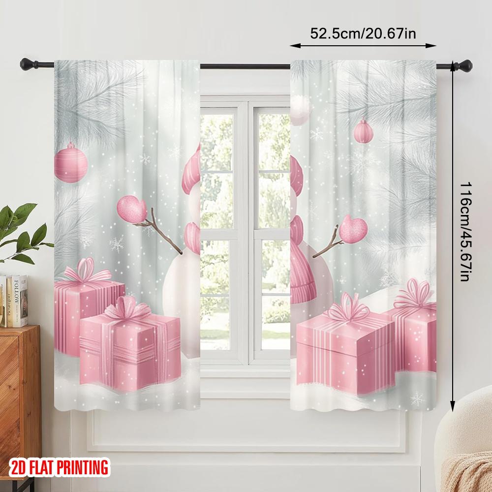 2pcs,2D Plane Printing Curtains Digital Printed Cute Snowman Pink Gifts Versatile Durable Polyester (without Rod) Decorations
