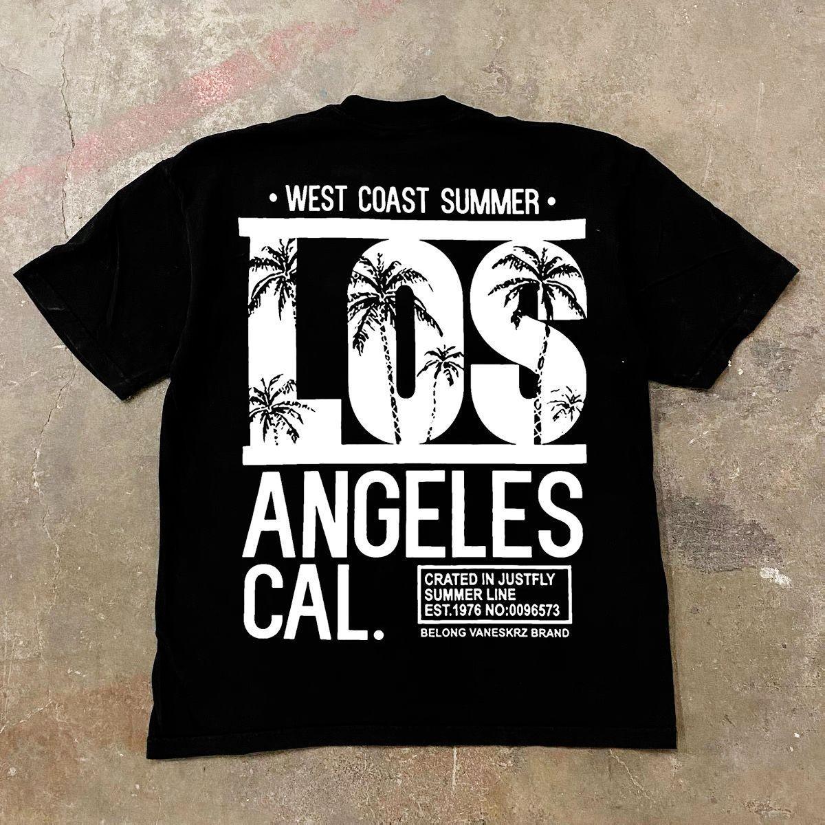 

Summer New Los Angeles West Coast Palm Tree Print Short Sleeve TShirt Unisexs American Retro Loose Cotton Top 4XL