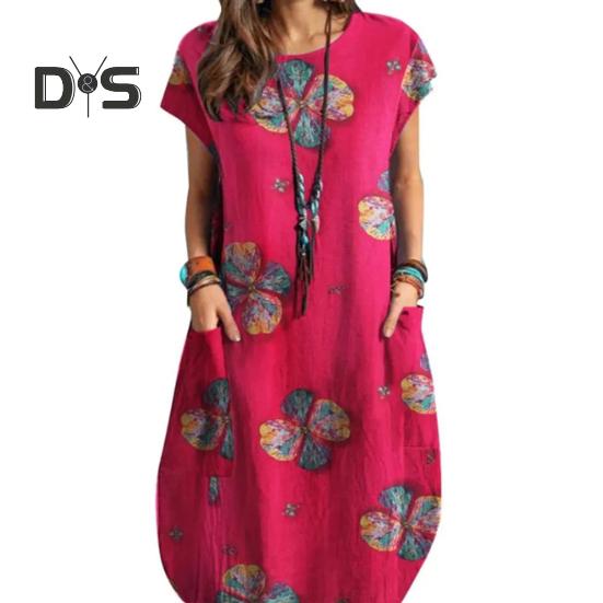 

Женское летнее платье с коротким рукавом и круглым вырезом, с принтом в стиле ретро, с карманами, свободное тонкое платье, повседневная одежда на каждый день XL розы красного