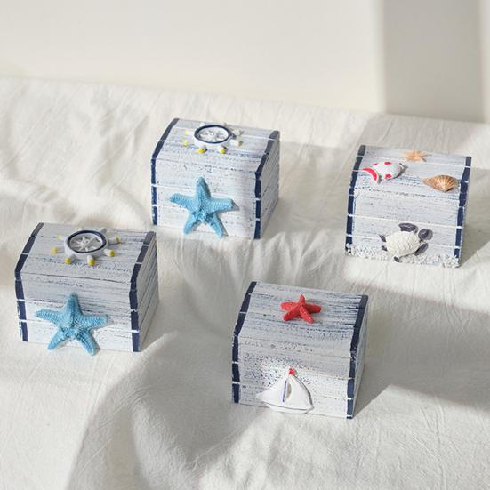 Yousheng Coastal Wooden Trinket Box Handcrafted Nautical Jewelry Box with Starfish Shells Rustic Decorative Storage Box for Beach Home Decor