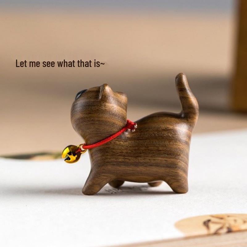 Cute Kitten Ornaments: Creative Green Sandalwood and Ebony Wooden Carving for Cars