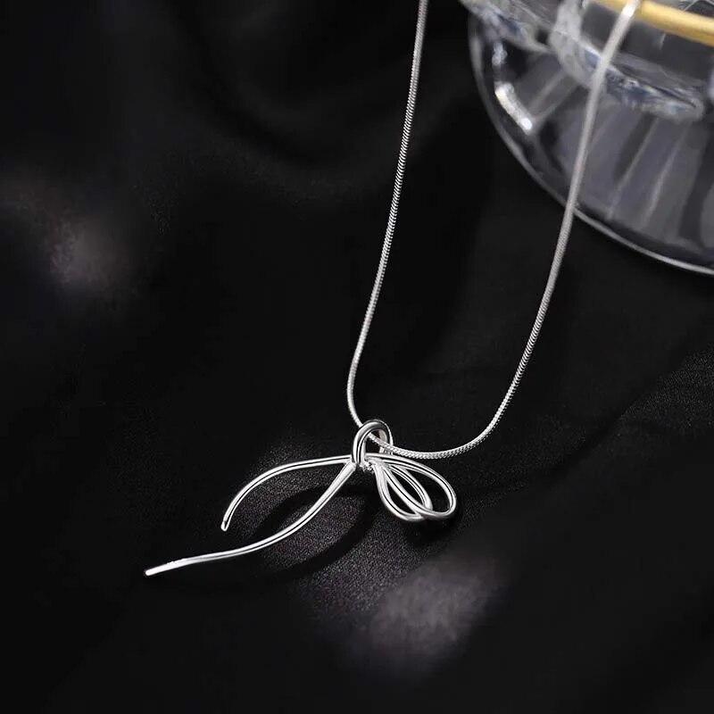 Fashion Silver Color Ribbon Bow Pendant Necklace for Women Girl 2024 New Simple Metal Snake Bone Chain Necklace Jewelry Gift