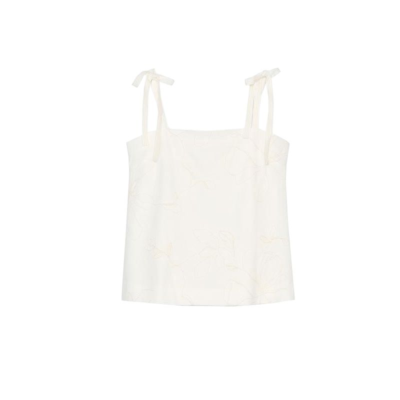 Linen Blend Embroider Sleeveless Sling Tops 2678046 Embroider Wide Leg Casual Trousers 2678045