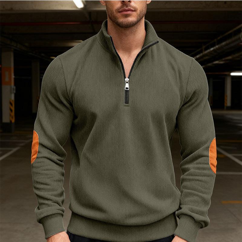 New Men's Autumn Casual Corduroy Solid-Colour Elbow-Patch Zip-Up Hooded Sweatshirt with Stand-Up Collar