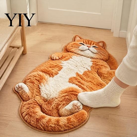 Easy to Clean Bedroom Rug Cozy Cat Shaped Floor Rug, Plush Cartoon Area Mat, Soft Whimsical Pet Themed Cover Crystal Velvet Decorative for Bedside And