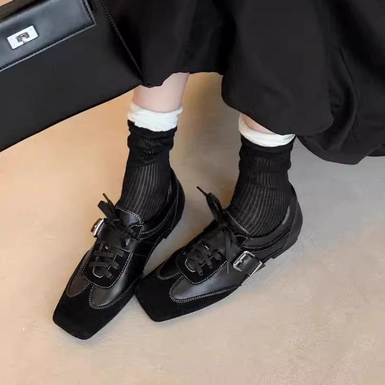 Fashion Women's Shoes Platform Ballet Flats All-Match Buckle Strap Increas Height Square Toe Clogs Ballerinas Summer Spring Lace-Up Incr