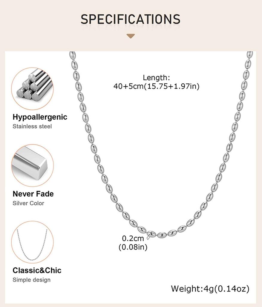 Collana a Catena con Filo di Perle di Riso Ovali Color Argento per Donna, Gioielli Choker con Perline in Acciaio Inossidabile all'Ingrosso