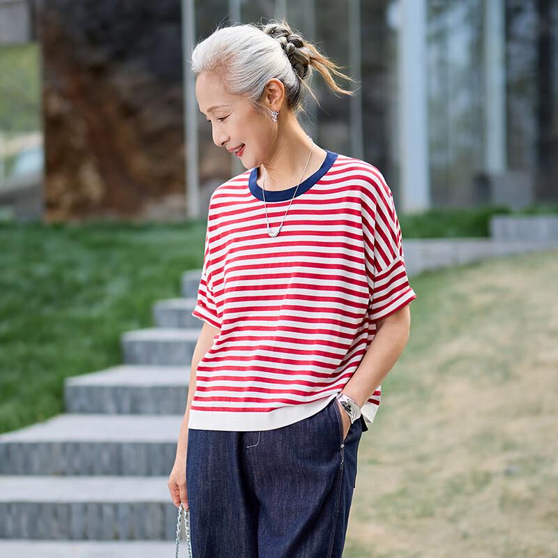 Mu Zi Women's Summer Striped Lyocell Blend T-Shirt