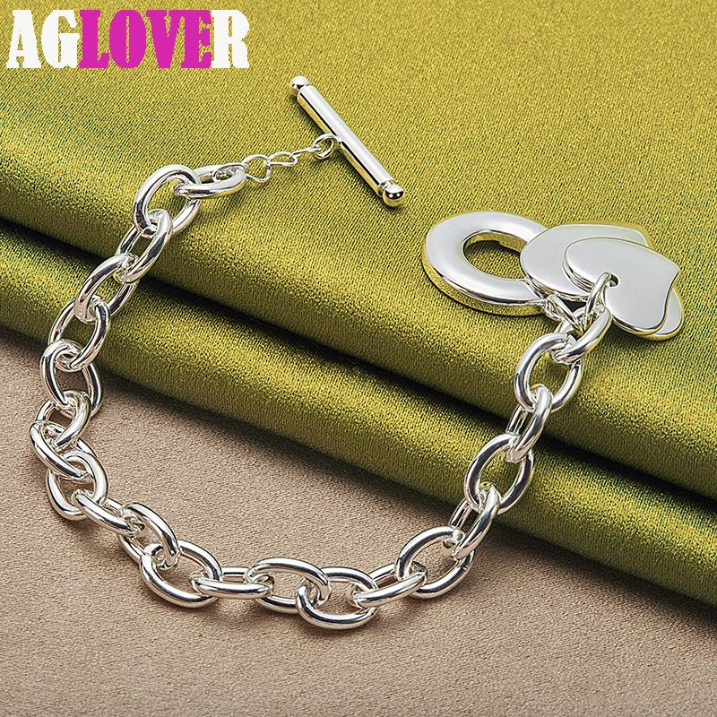 925 Sterling Silver Two Heart Pendant Bracelet Chain Jewelry
