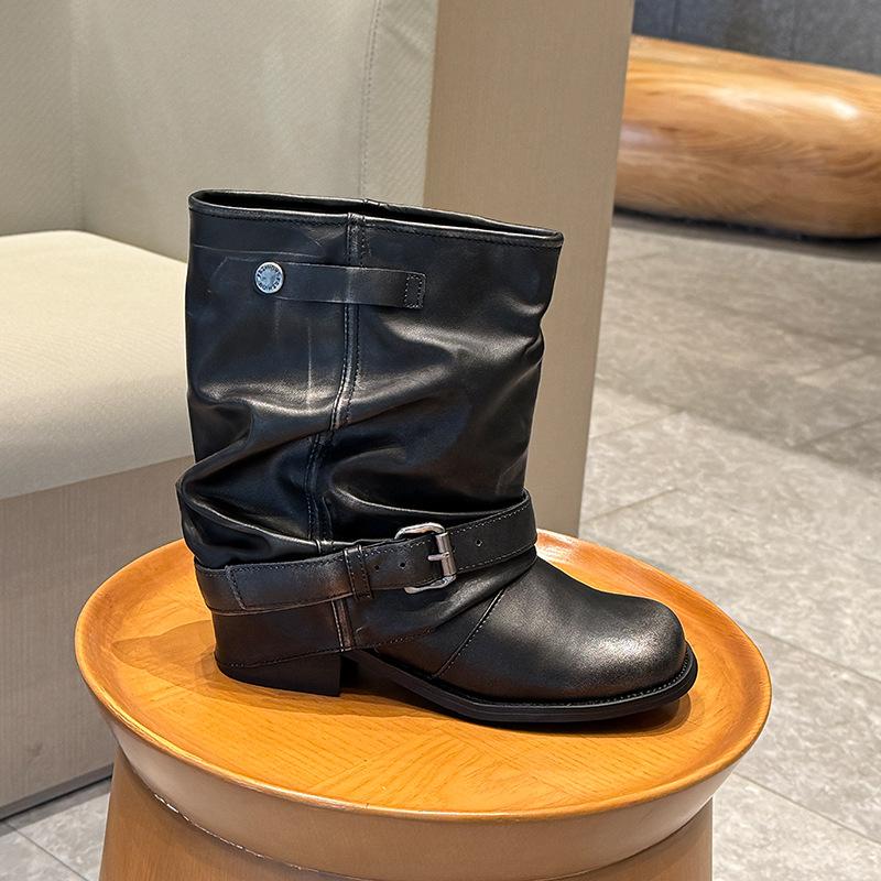 Cowhide Western Jeans Tube Boots Women's Pleated Pile Black Wipe Round Head Vintage Thick Heel Knight Martin Boots