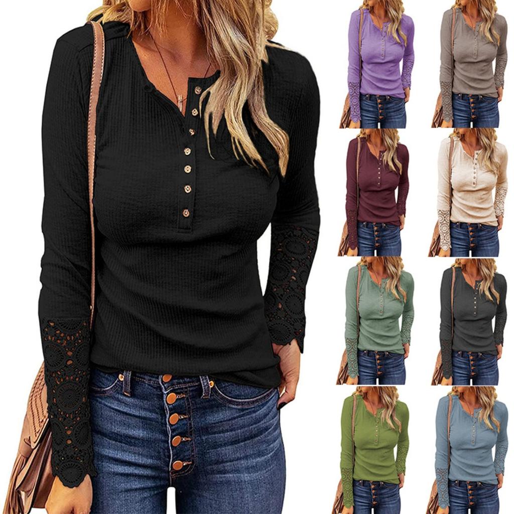 New Women's Solid Color Loose T-shirt, Crew Neck Lace Sleeve Splicing Top, European & American Style