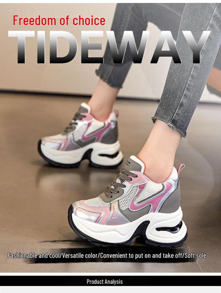 Damen 8cm Höhenvergrößernde Klobige Sneaker, Atmungsaktives Mesh, Dicksohlige Sportliche Freizeitschuhe A8895