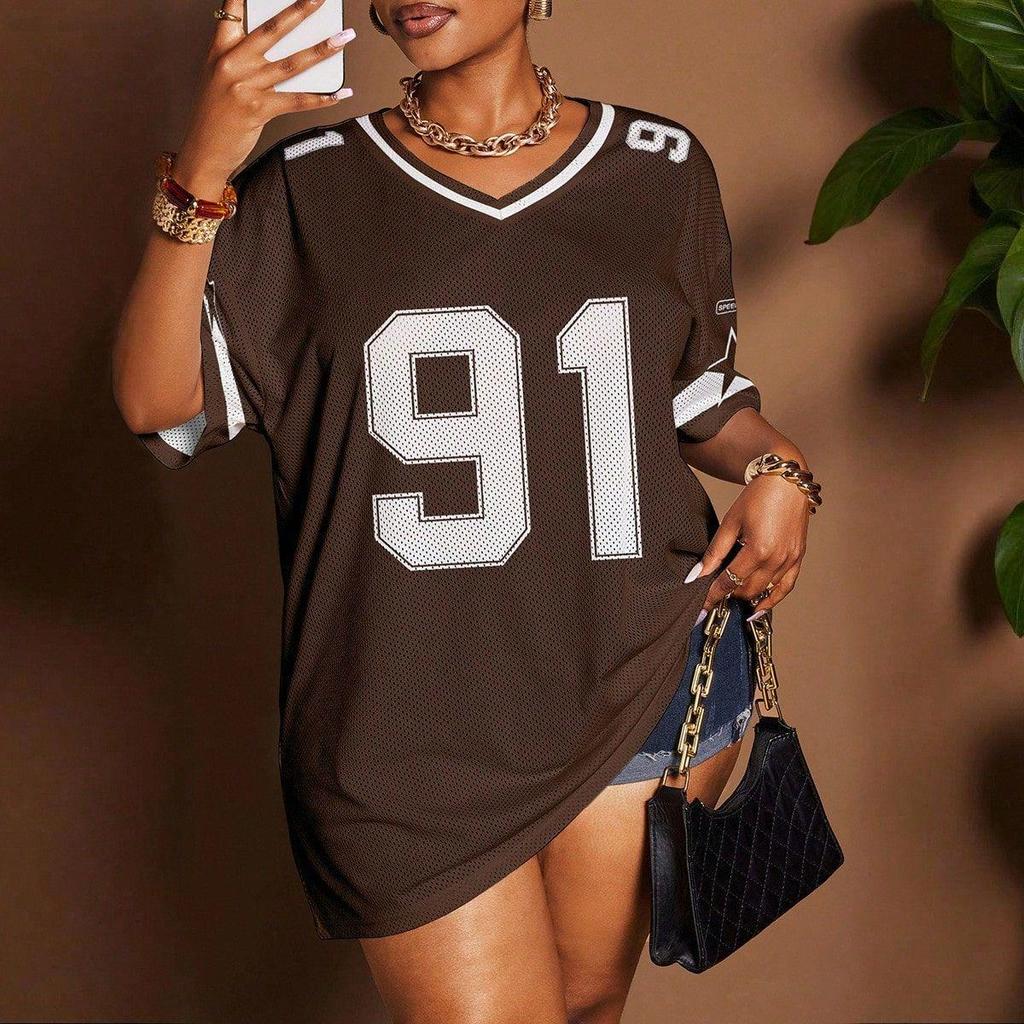 Women's Loose V-Neck Sporty Mesh T-Shirt with Digital Print