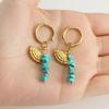 European & American 18k Gold Stainless Steel Blue Turquoise Fan-Shaped Drop Earrings
