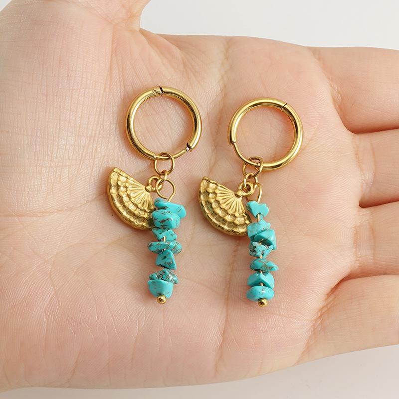 European & American 18k Gold Stainless Steel Blue Turquoise Fan-Shaped Drop Earrings