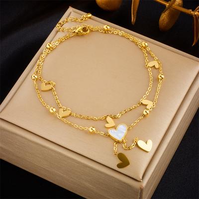ZAKOL Stainless Steel Heart Love Anklets For Women Girl Fashion Double Layer Chains Ankle Accessories Zircon Gift