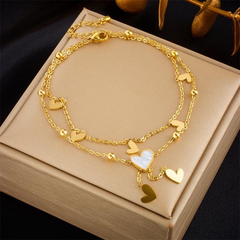 ZAKOL Stainless Steel Heart Love Anklets For Women Girl Fashion Double Layer Chains Ankle Accessories Zircon Gift