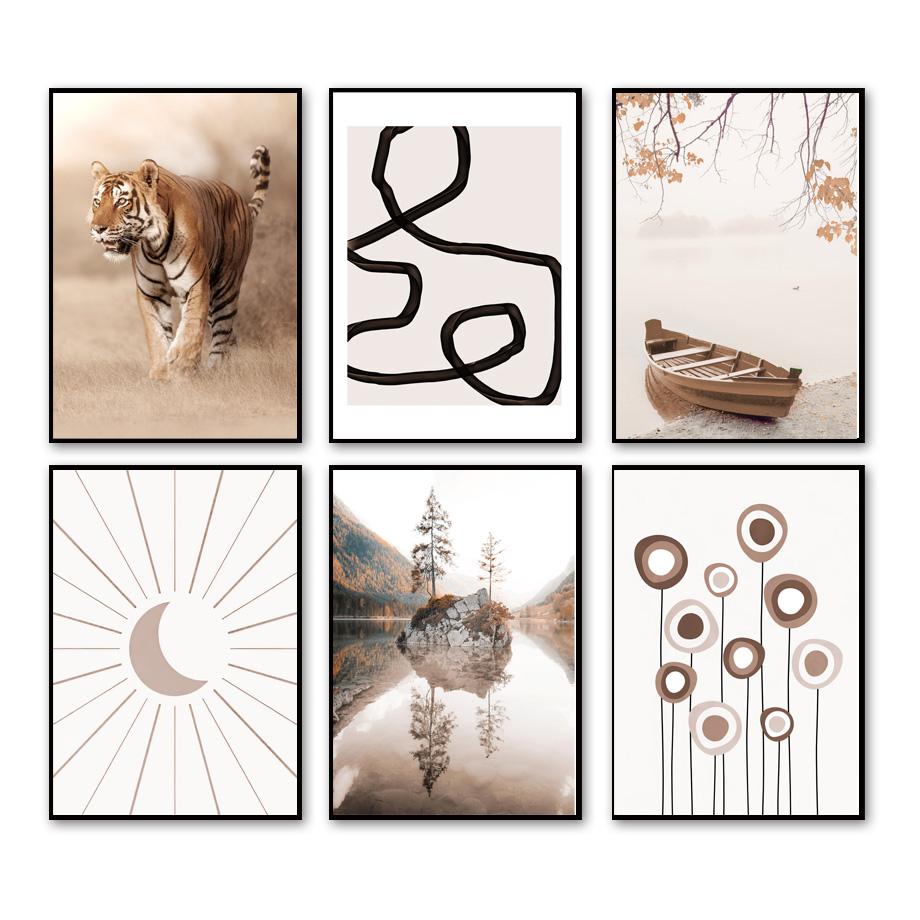 Beige Lake Farm Boat Dandelion Boho Abstract Lines Posters And Prints Canvas Art Wall Decoration Home Paintings For Living Room