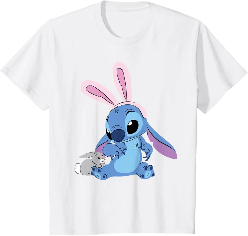 Hot Fashion Casual Disney Stitch in Easter Bunny Costume with Cute Fuzzy Friend T-Shirt S-4XL Summer