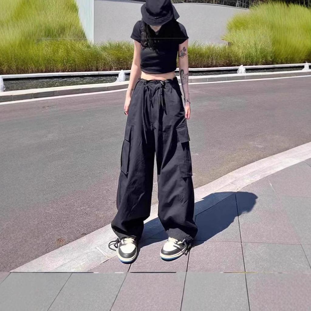 Women's Black Quick-Dry Wide-Leg Cargo Pants for Summer - Petite Jazz Street Dance Trend