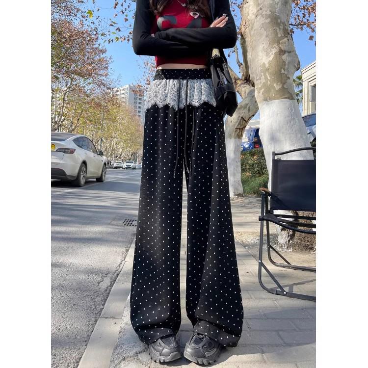 Women's Lace Patchwork Polka Dot Wide-Leg Elastic Waist Pants, Loose Fit, Floor-Length - Spring/Summer 2025 Collection