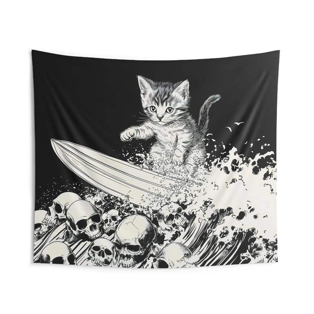 VIKAMA Hardcore Heavy Metal Kitten Tapestry Skull Surfing Cat Wall Art Funny Decorative Hanging for Living Room Home