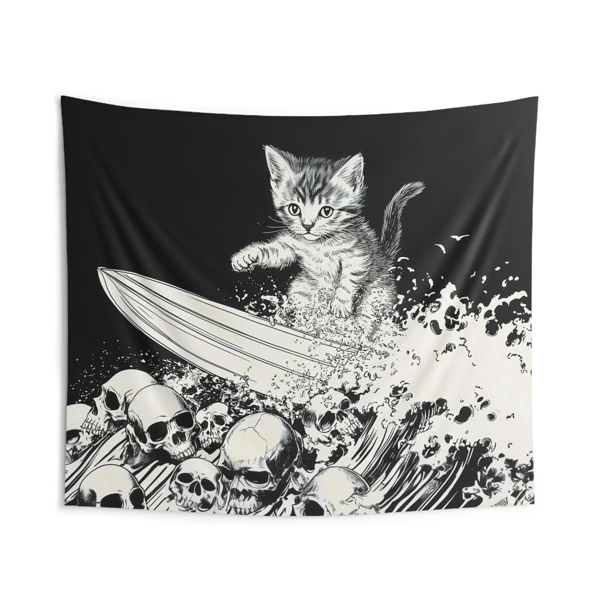 

VIKAMA Hardcore Heavy Metal Kitten Tapestry Skull Surfing Cat Wall Art Funny Decorative Hanging for Living Room Home 74x94cm(29x37in)
