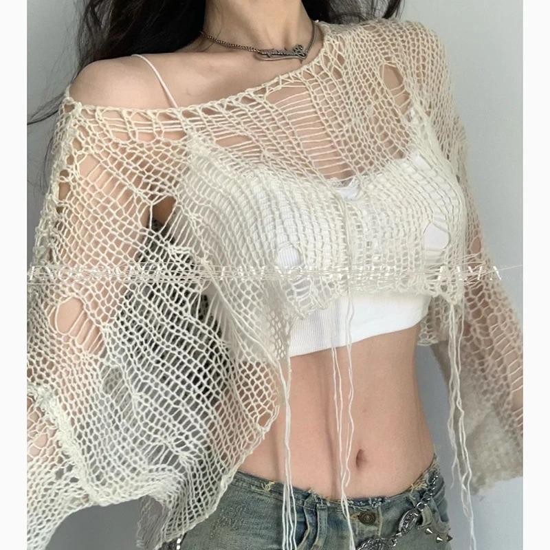 Boho Damen Strick T-Shirt Y2k Hollow Out Locker Damen Crop Tees Vintage Koreanisch Zerrissen Langarm All Match Damen Pullover