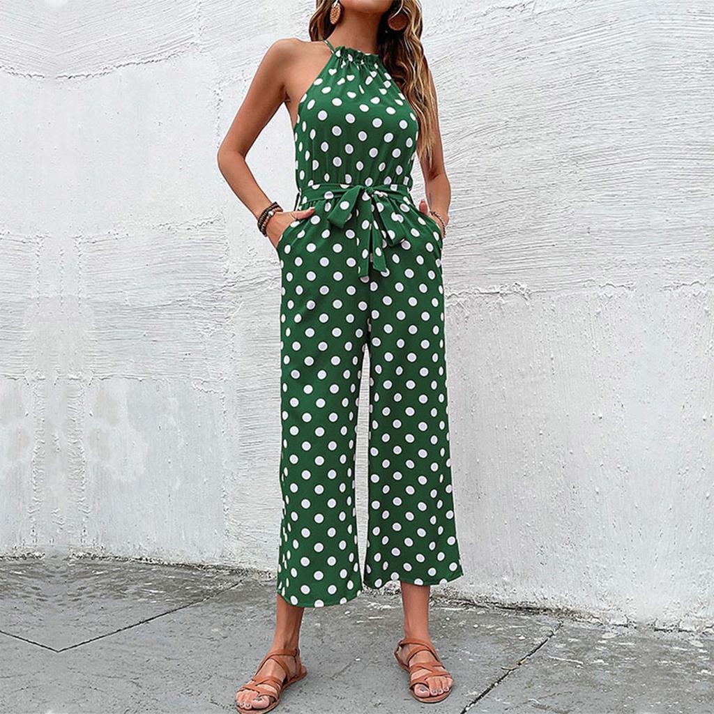 Women's Fashion Polka Dot Wide Leg Jumpsuit Neck Strap Jumpsuit