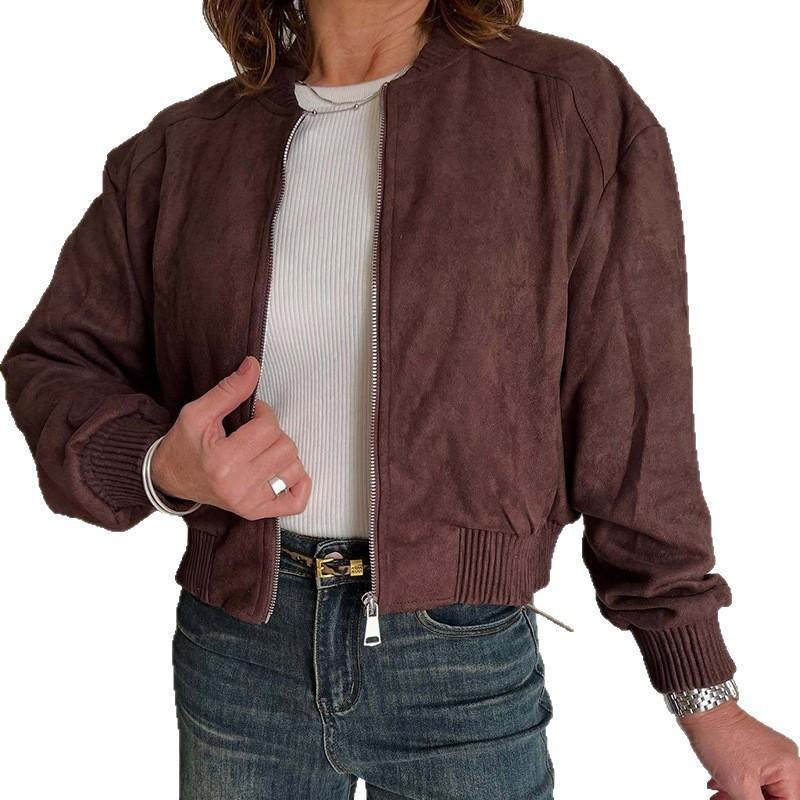 Womens Suede Fleece-Lined Zip-Up Jacket Winter Casual Slim Fit Outerwear In Brown Wine Red