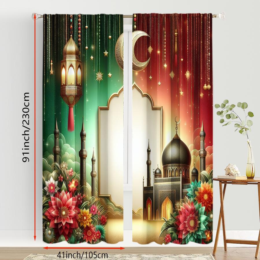 2PCS Red Green Contrasting Islamic Curtains   Gorgeous Style   Bedroom and Living Room   Decorative Curtains with Drawbar Pockets