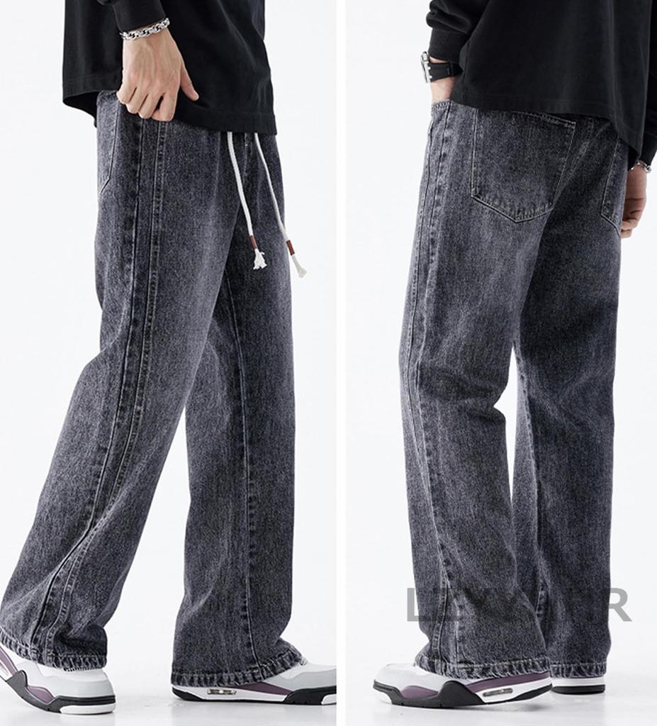 [LZYYHHR] Men's Denim Jeans, Loose Fit, Baggy Pants, Long Pants, Plus Sizes, Stylish, Cool, Adjustable Drawstring (L, Gray)