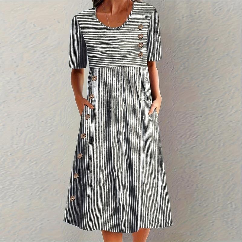 Fashion New Cotton and Linen Striped Loose Version Short-sleeved Crew Neck Dress