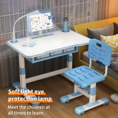Kids Study Desk Chair Set Height Adjustable Toddlers Writing Table with Tiltable Reading Stand LED Table Light Bedroom Children Learning Table