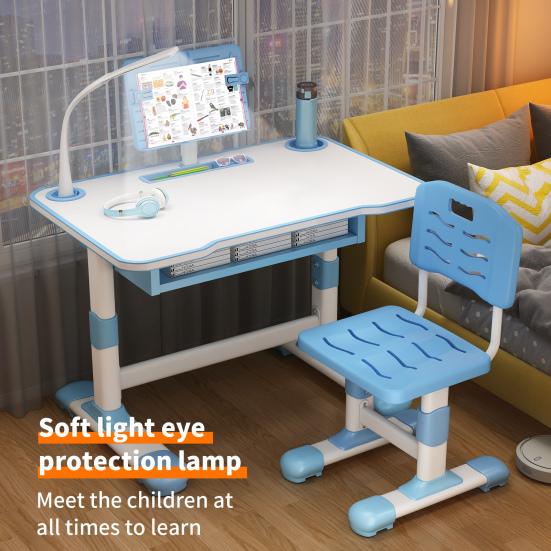 Set Scrivania Studio e Sedia per Bambini, Tavolo da Scrittura Regolabile in Altezza per Bambini Piccoli con Supporto Regolabile per Lettura, Luce LED per Studio, Soggiorno Camera da Letto Extra per Bambini