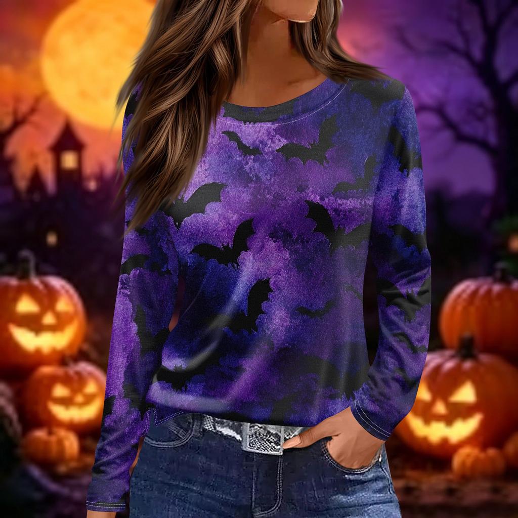Women's Fashion Long Sleeve Top Crew Neck Halloween Print Split Hem Casual Shirt Lightweight Comfortable Fit