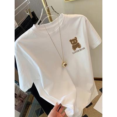 Taglia Europea LOVER BEAR, T-shirt con Stampa Coppia di Orsi, Manica Corta, Girocollo, Top Casual per Estate Primavera, Abbigliamento Donna