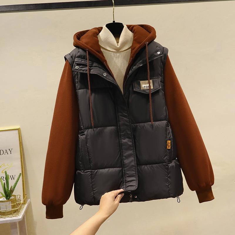 Gefälschte zweiteilige Baumwollwattierte Jacke Winter Damen Neue Baumwollwattierte Jacke Kurz Vielseitig Mit Kapuze Gespleißte Baumwollwattierte Jacke