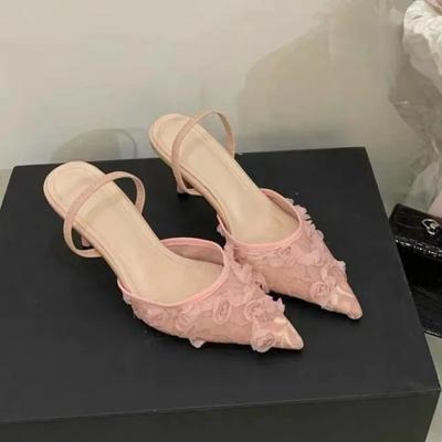 Scarpe a Tacco Alto da Donna Bianche da Matrimonio con Rete Ricamata a Fiori e Cinturino Posteriore Sexy Slingback Scarpe Eleganti da Donna