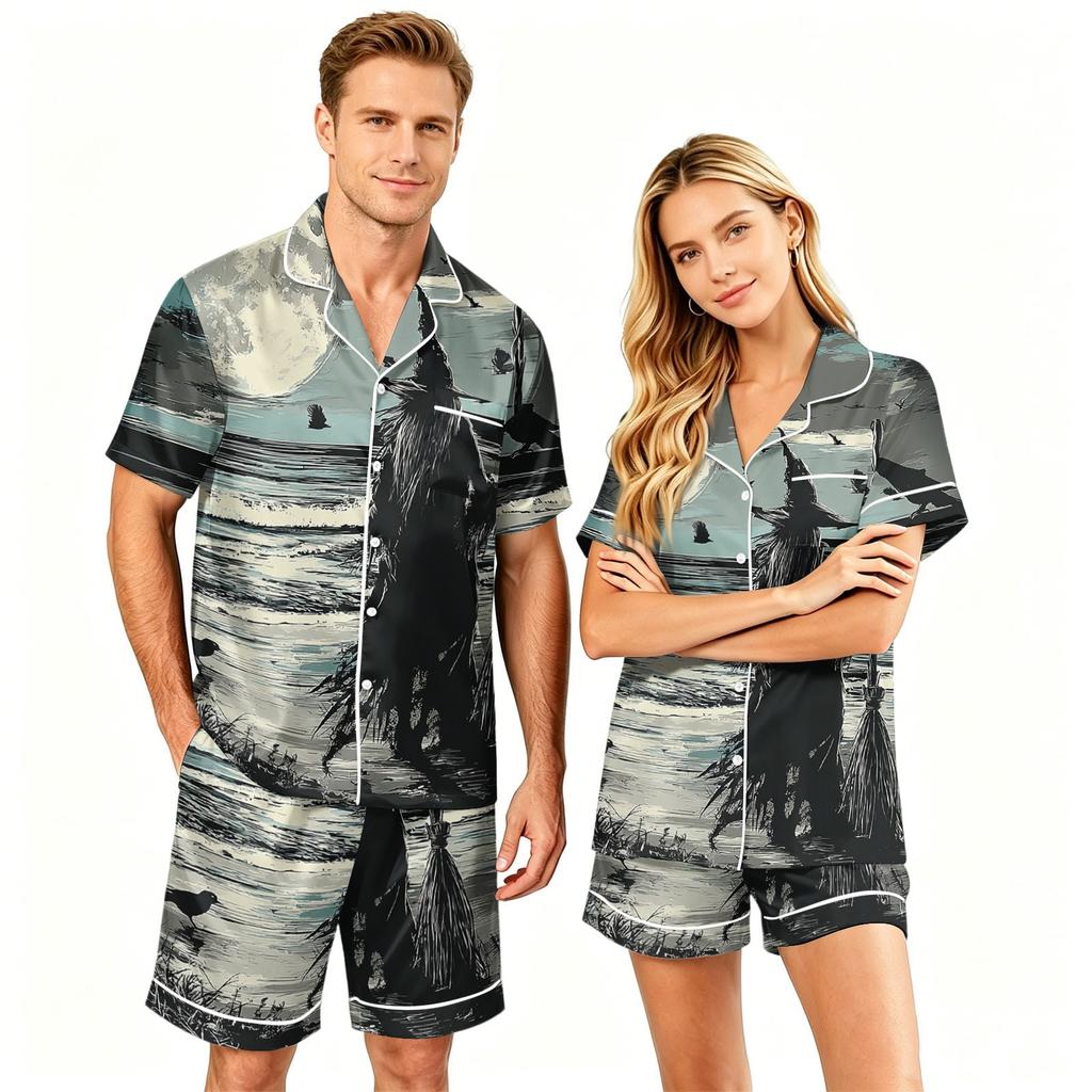 Couple Matching Halloween Pajama Set Short Sleeve Button Down Shirt with Hem and Shorts Set Soft Casual Sleepwear S To XXXXL