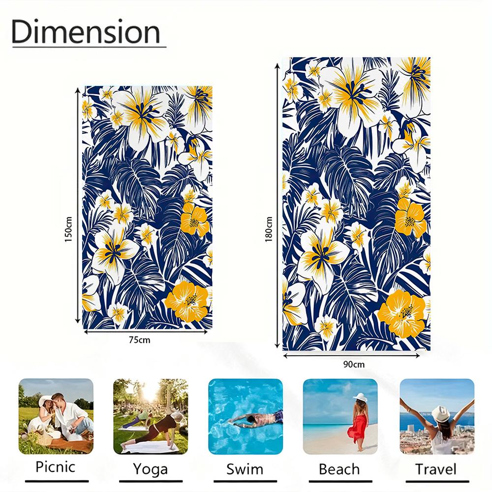 Hibiscus Floral Print Tropical Palm Foliage Navy Yellow Hawaiian Style Large Beach Towel Lightweight Swimming Vacation Towel