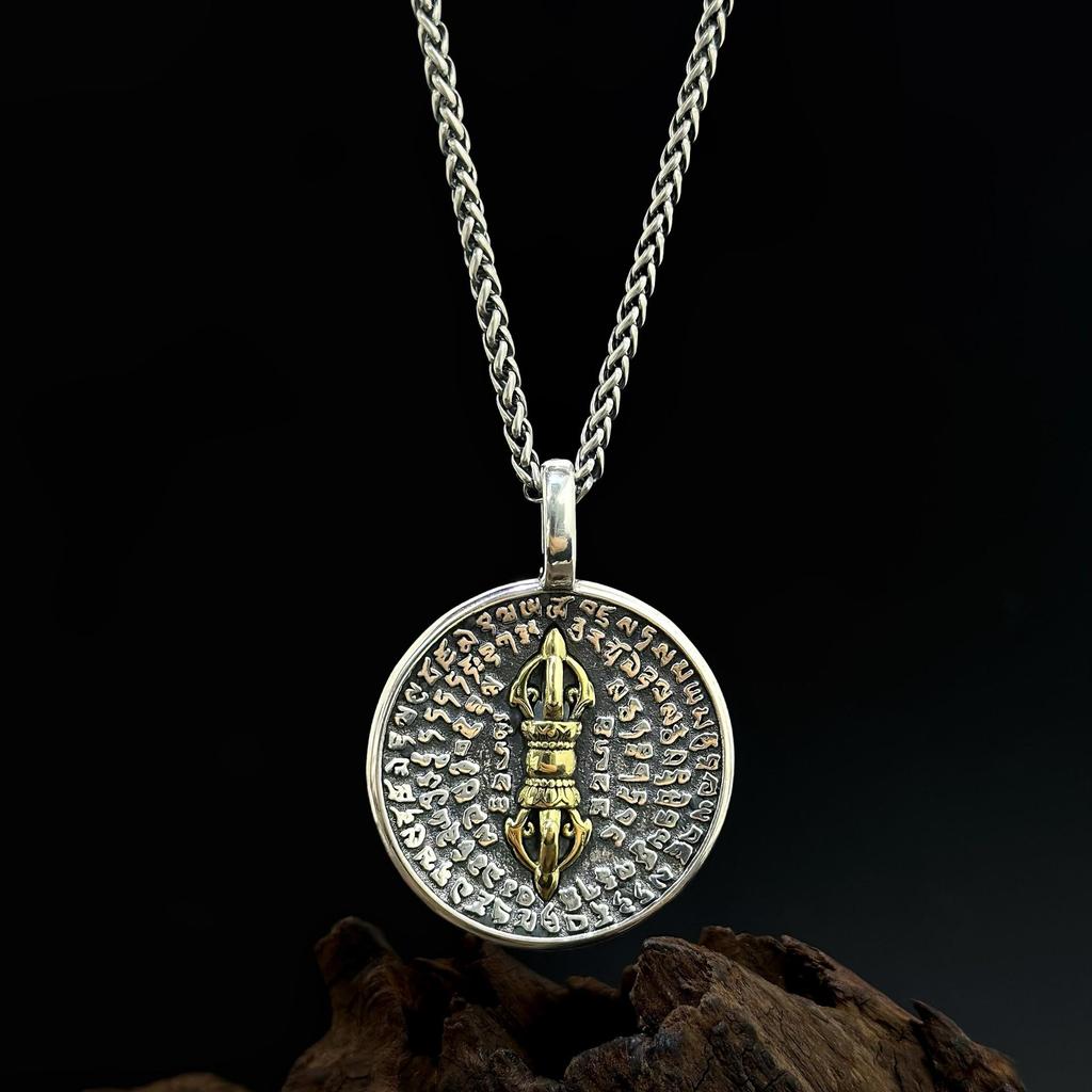 Přívěsek S925 Sterlingové stříbro Vajra Sanskrtský kulatý - Retro Buddhistický etnický styl Těžký náhrdelník