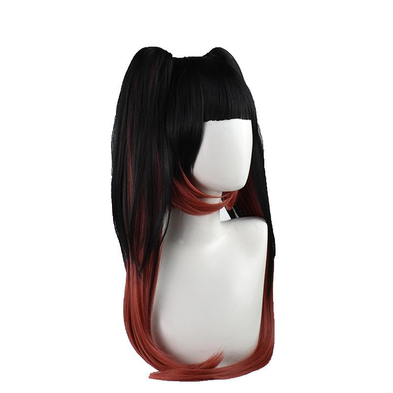 31" Black to Red Ombre Curly Twin-Tails Cosplay Wig – Pre-Styled Side Bangs Synthetic Hairpiece with Claw Clips for Dark Fantasy Anime Conventions